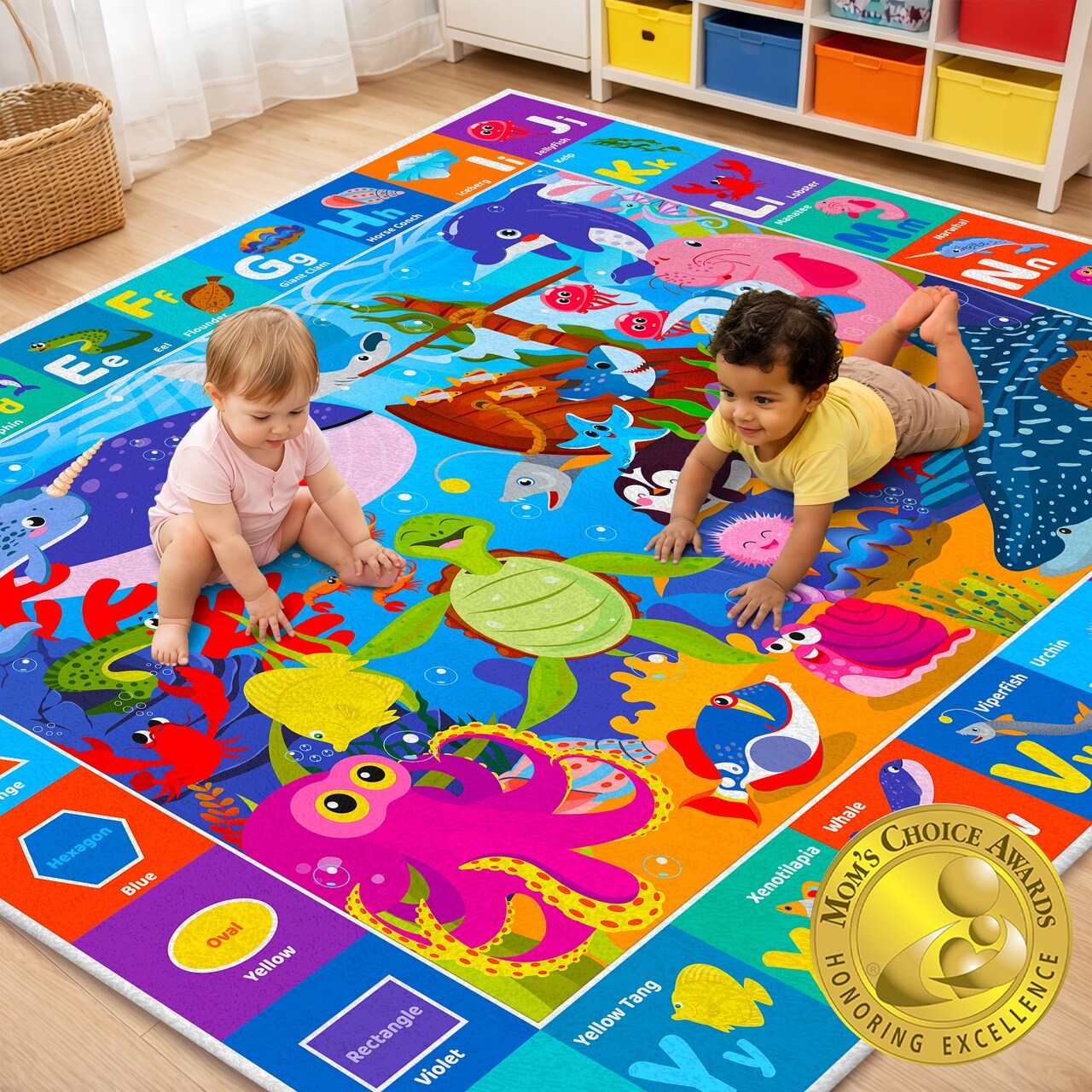 QUOKKA Large Baby Play Mat for Floor - Playmat for Toddlers and Infants ABC Ocean - Large Padded Non-Slip Nursery Rug for Babies Crawling and Playing - Foldable Care Mat for Playroom